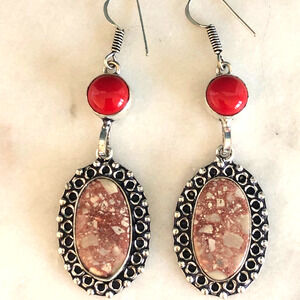 925 Sterling Norina Jasper & Red Coral Drop Dangle Earrings